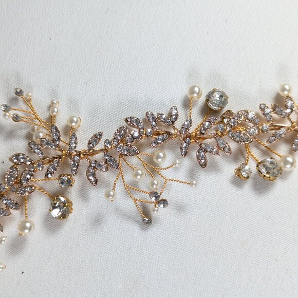 Summer Goddess bridal headband, wedding accessory hairstyle gold pearl crystals - Picture 9 of 11